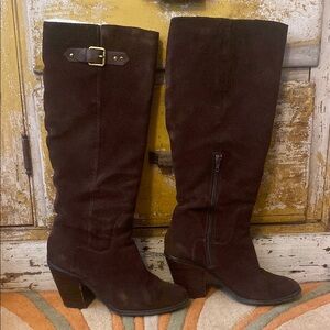 Brown Suede Knee-High Boots with Buckle